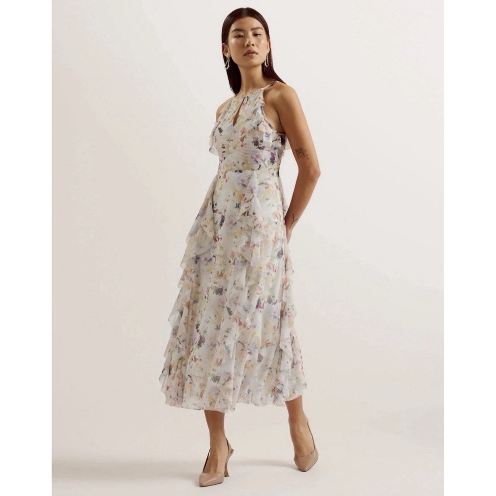 Ted Baker Maxi Dress Women Size 2 Sleeveless Floral Halterneck Ruffle Formal